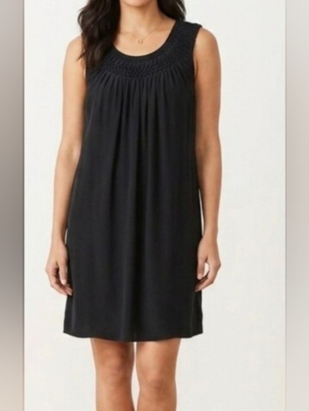 J.Jill 100% Silk Smocked Yoke Sleeveless Shift Mini Dress Black Size Small